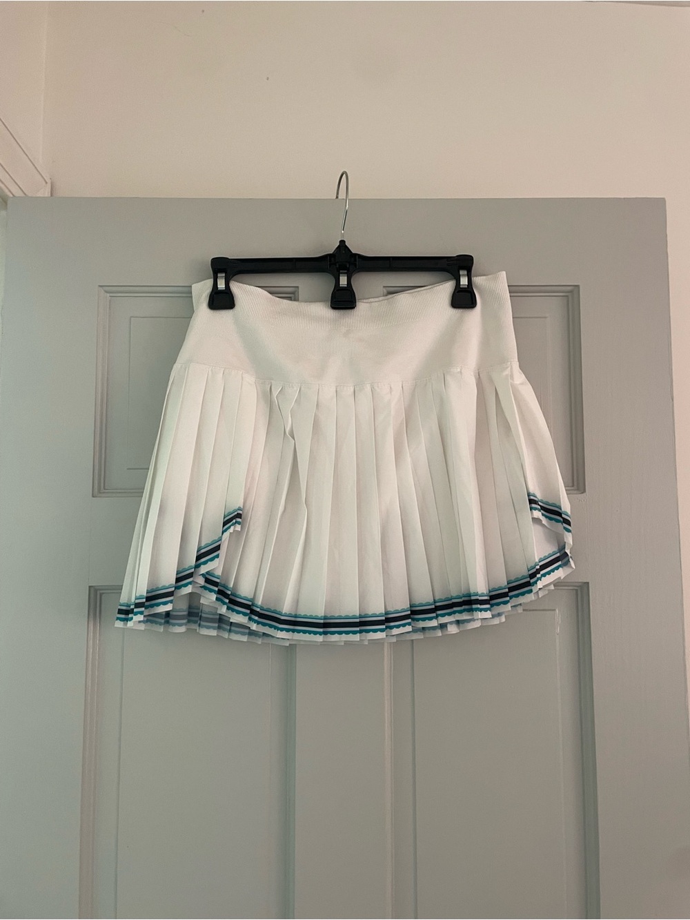 Lucky in Love White Pleated Skirt with Teal and Navy Hem Stripes